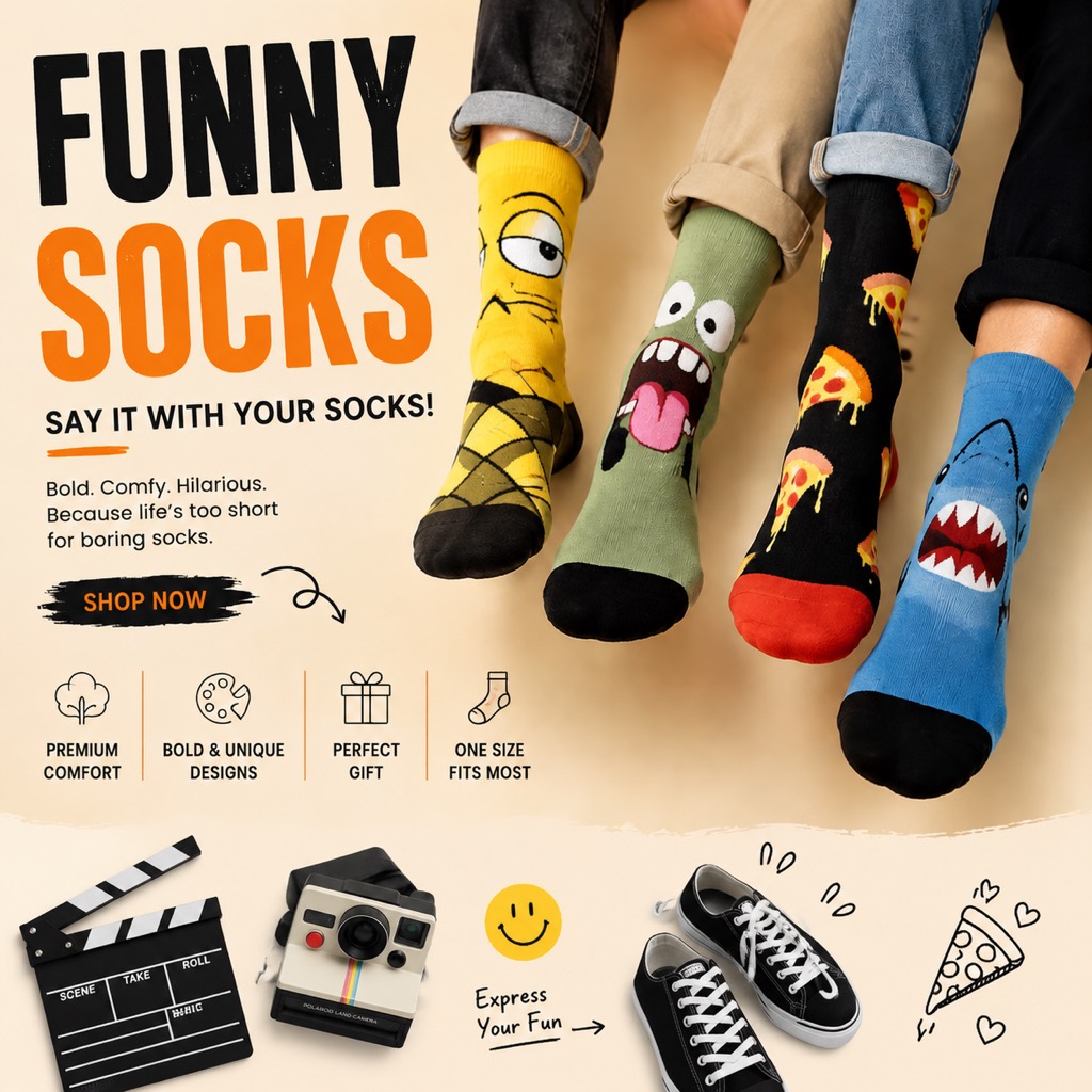 Funny socks with cartoon bee, monster, pizza and shark designs on feet