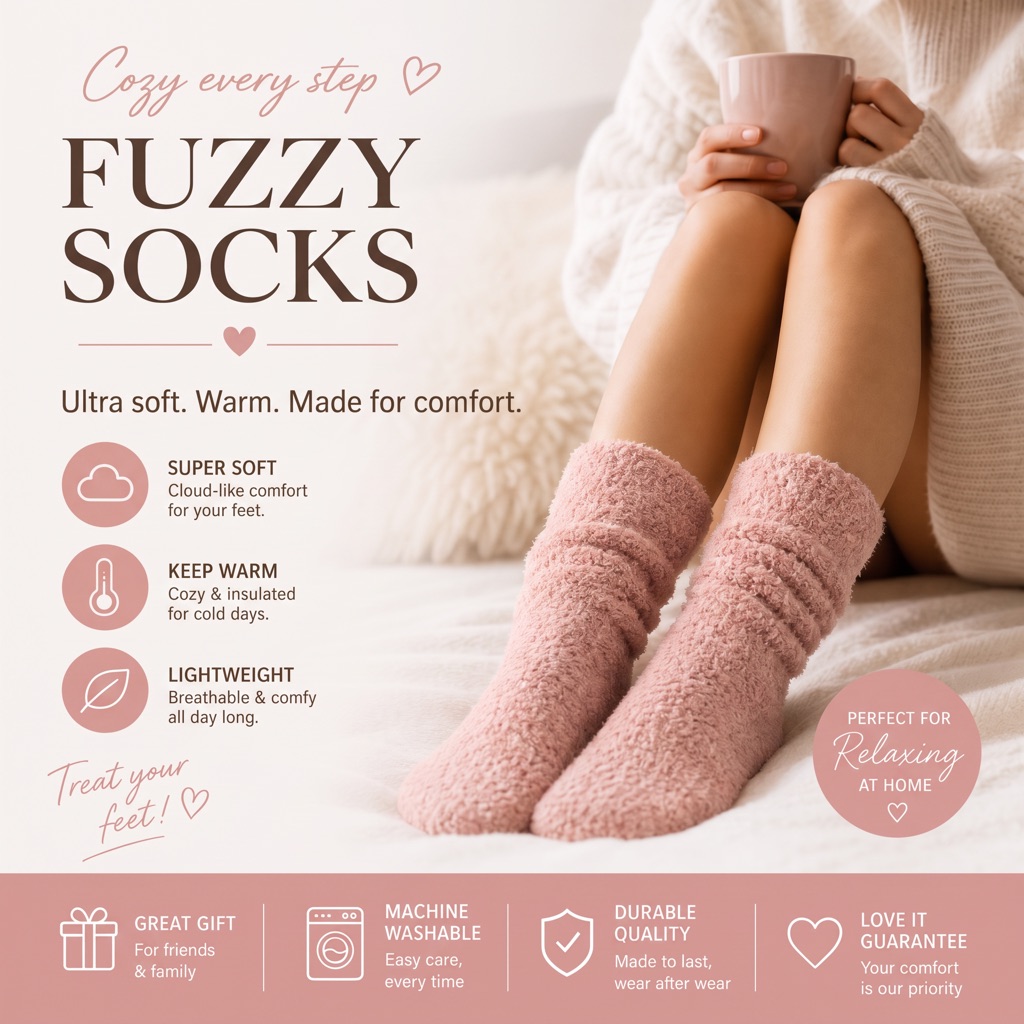 Pink fuzzy socks worn at home, cozy product photo