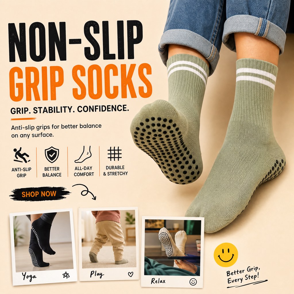 Sage green grip socks with white stripes and black anti-slip dots on the sole