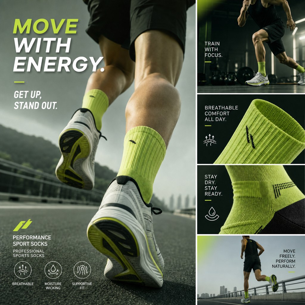 Neon yellow performance sports socks worn for running, product collage