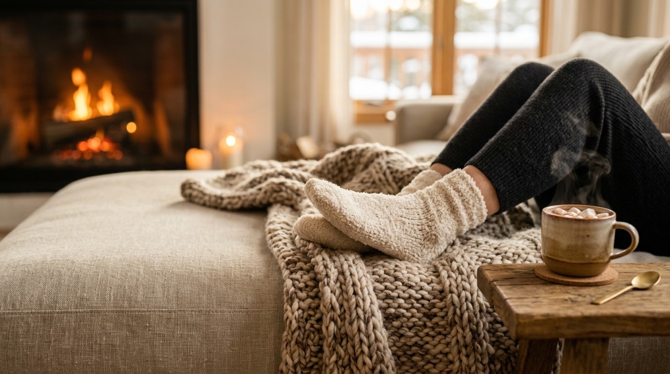 Feet in cream fuzzy socks resting by a fireplace with a cup of hot cocoa